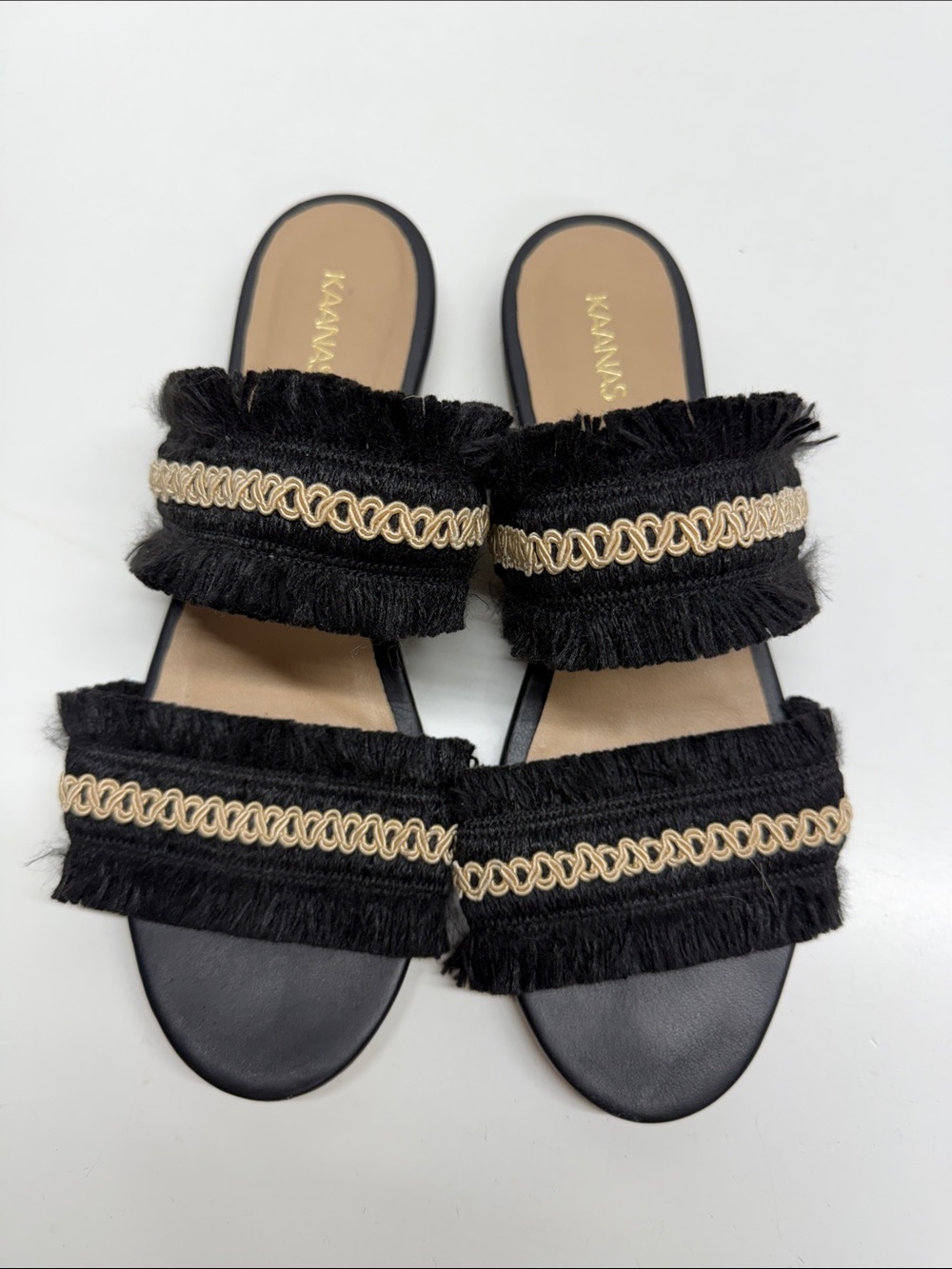 Kaanas Yassica Sandals Frayed Flats Open Toe Slide Slip On Sandal Shoes Black 6
